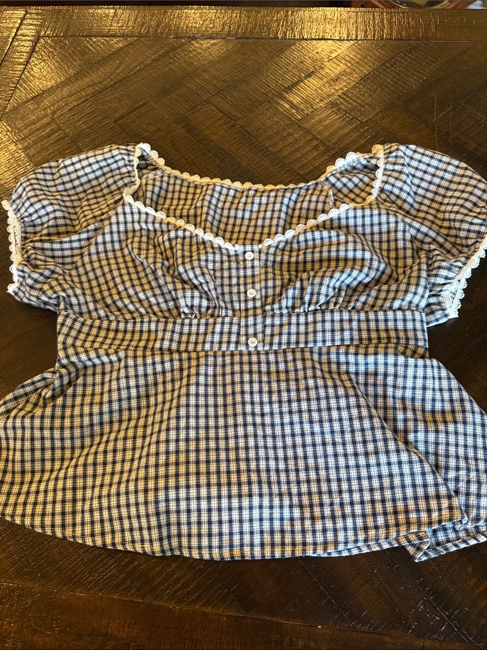 SHEIN Blue Gingham Square Neck Blouse with Lace Trim